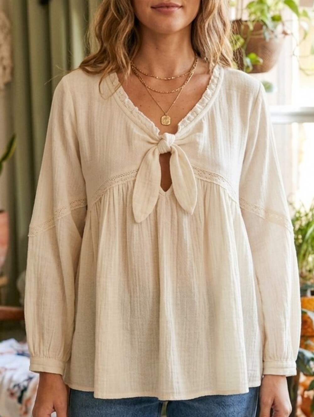 Free People Oversized Bow Front Tie  Back Cotton Top.